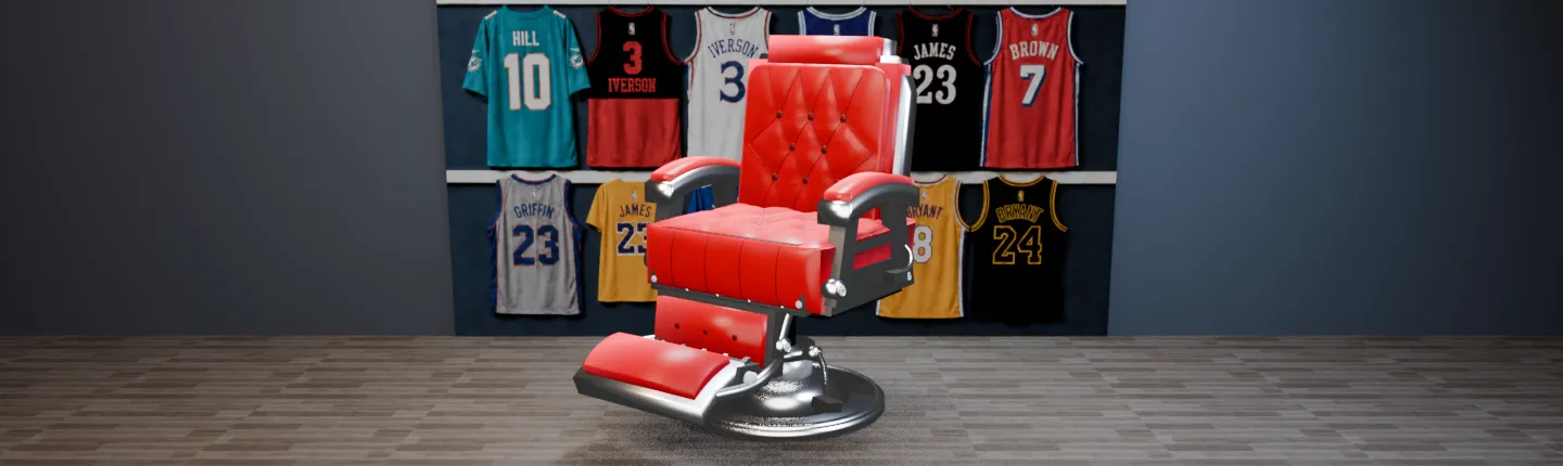 Red and silver barber chair in front of Marqi's jersey wall